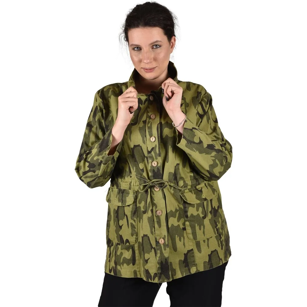 

Зеленое камуфляжное Женское пальто Dorlie большого размера со шнуровкой