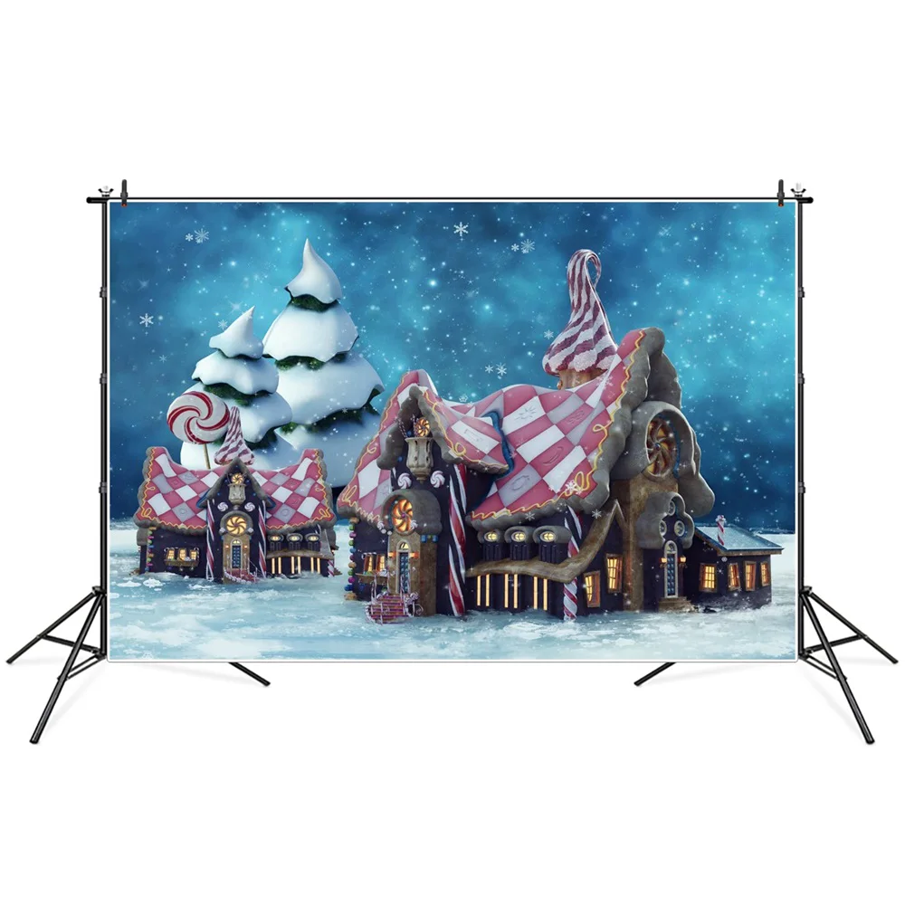 

Christmas Tree Snow World Candy Lollipop House Photography Backdrops Custom Party Decoration Photo Booth Photographic Backdrop