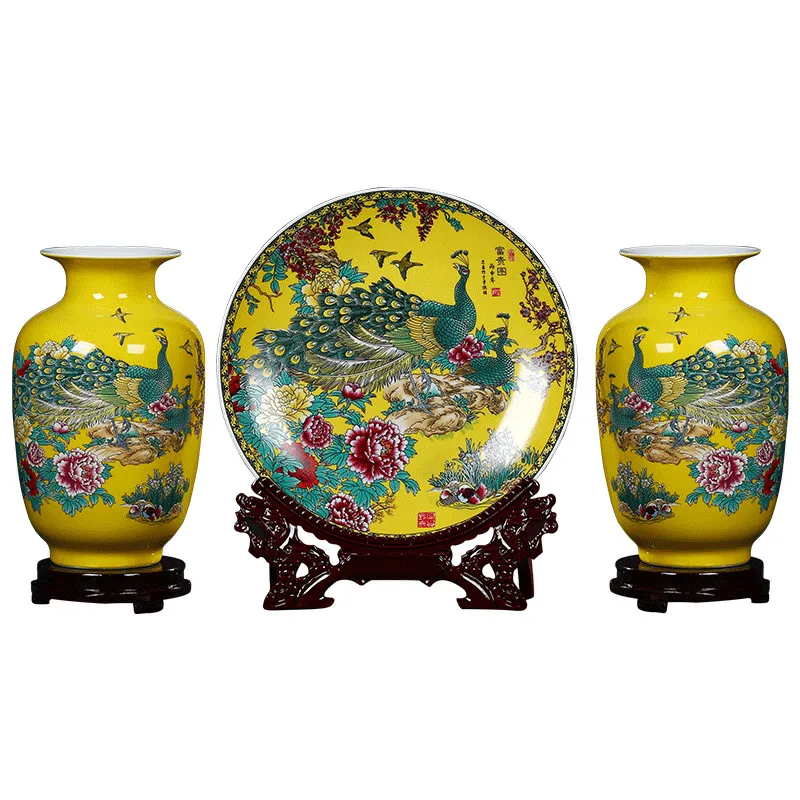

Three-piece Set of Ceramic Vase Jingdezhen Yellow Peacock Porcelain Vase Modern Home Decoration Living Room Flower Arrangement