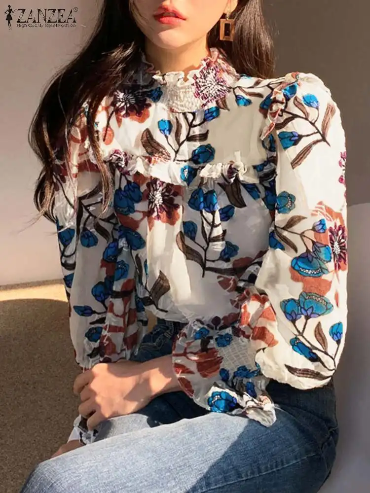 

Women's Chiffon Blouse Spring Autumn Elegant Printed Tops 2022 ZANZEA Vintage Puff Sleeve Shirts Casual Turtleneck Camisas Tunic