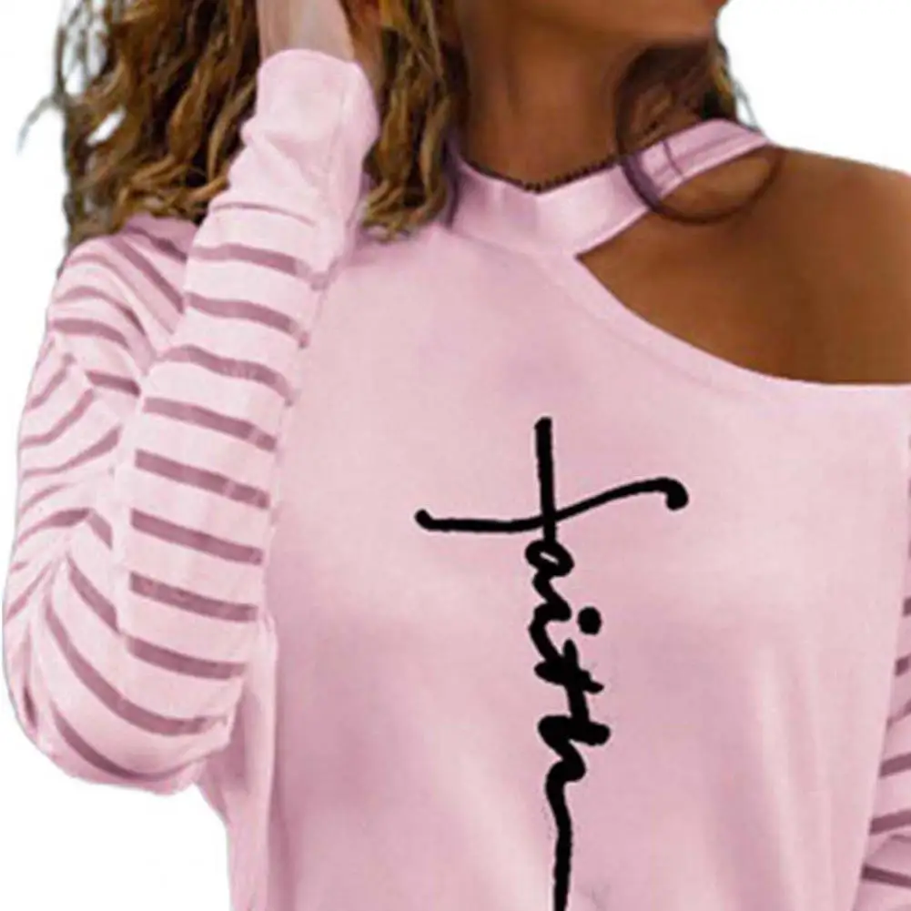 

Женский топ с одним плечом, свободная блузка из молочного волокна в полоску с буквенным принтом, повседневная одежда, 2021, пуловер, блузка, Ли...