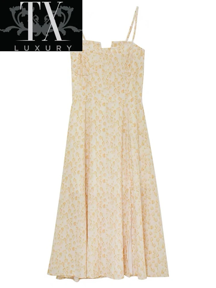 

Women Floral Printing Sexy Spaghetti Starp Sleeveless Slit Vestidos Prairie Chic Sweet Slash Neck A-line Dress 2022 Summer