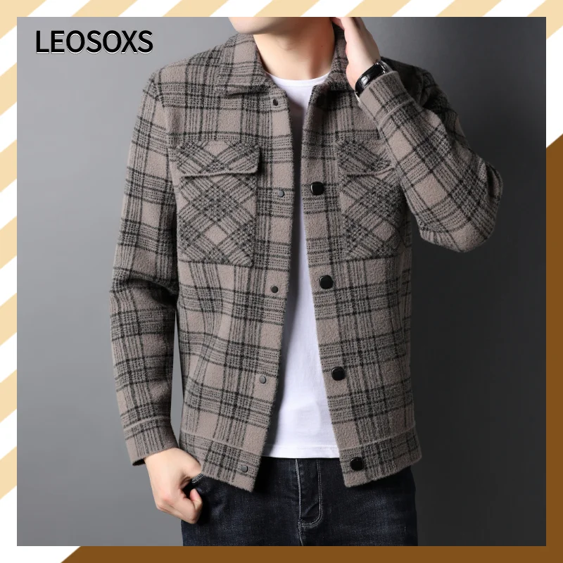 

LEOSOXS High-End Brand Autumn Winter Men's Cardigan Jacket Korean Version Of Fashion Lapel Striped Pocket Slim Coat 2022