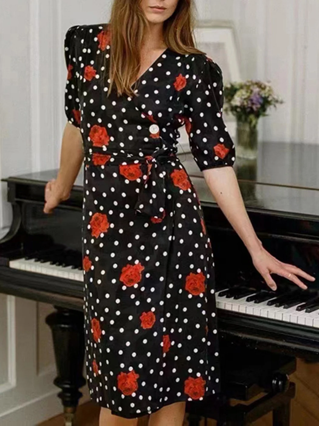 

Summer Polka Dots Rose Print Dress V Neck Vintage Dresses For Women 2022 Short Sleeve Sashes Casual Sexy High Split Cozy Robe