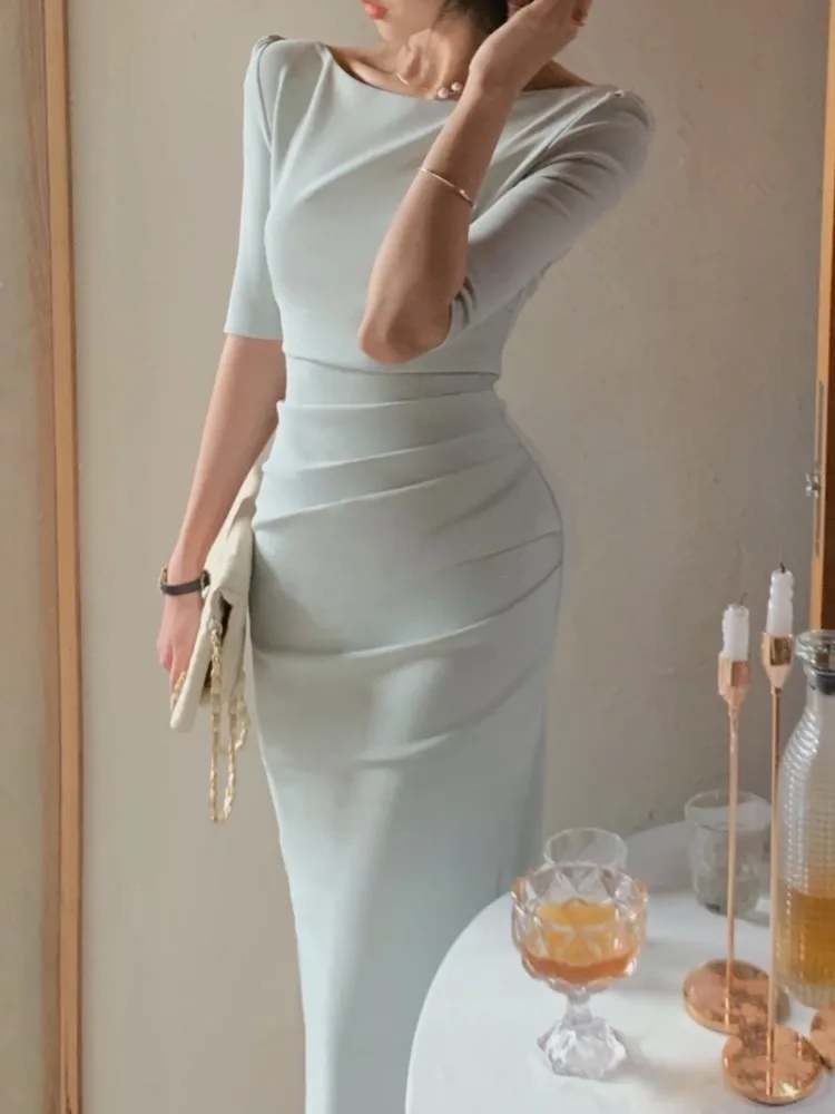 

Женское облегающее платье средней длины, однотонное элегантное винтажное платье для офиса и вечеринок, клуба, на лето