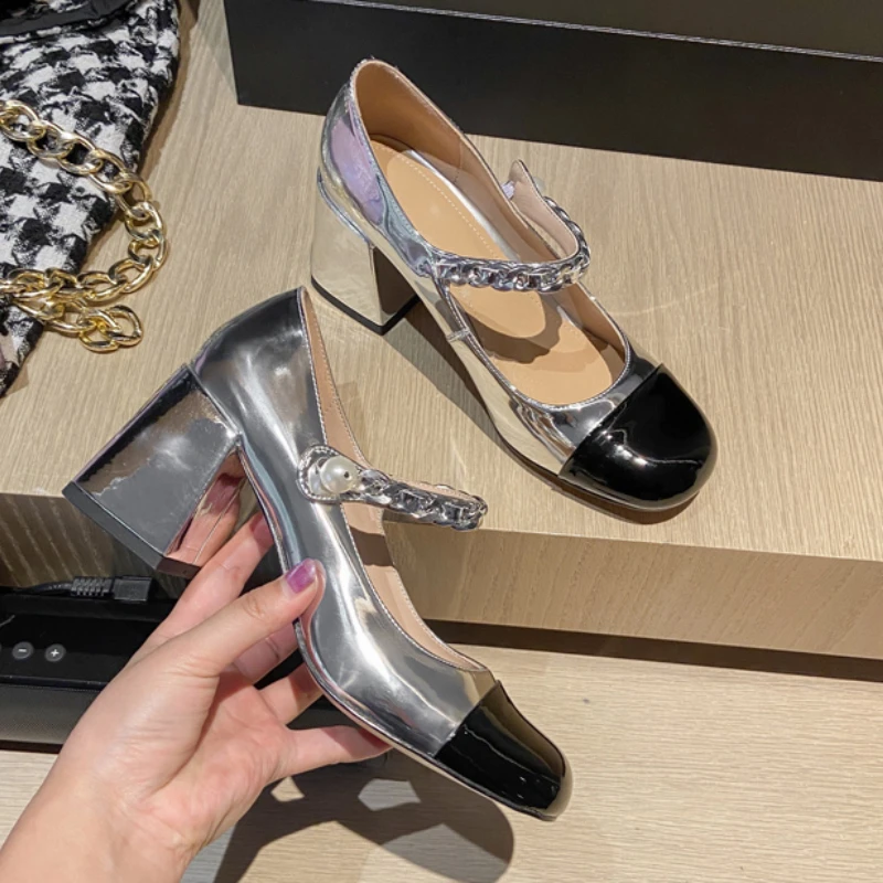 

2022 Spring Autumn Women's Pumps Chunky High Heels Silver Shoes Round Toe Sweet Chain Strap Party Shoe Women Heels Square heel
