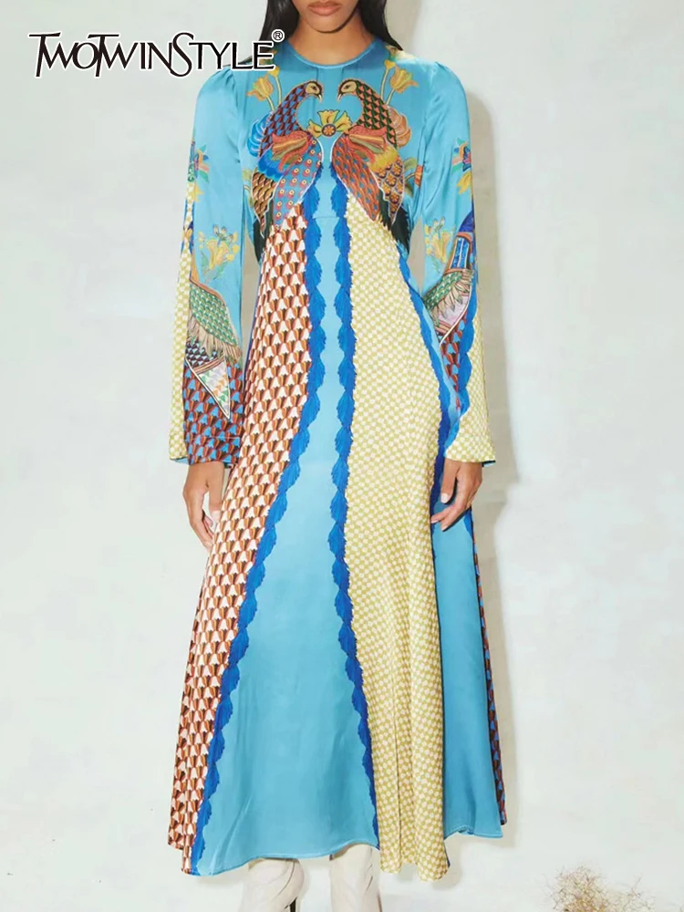 

TWOTWINSTYLE Hit Color Chinese Style Dresses For Women Round Neck Long Sleeve High Waist A Line Printing Dress Female Fashion