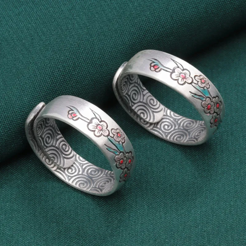 

Original 999 Pure Silver Enamel Small Flower Women Ring Retro Ethnic Adjustable Plum Blossom Finger Rings Jewelry Wholesale JZ90