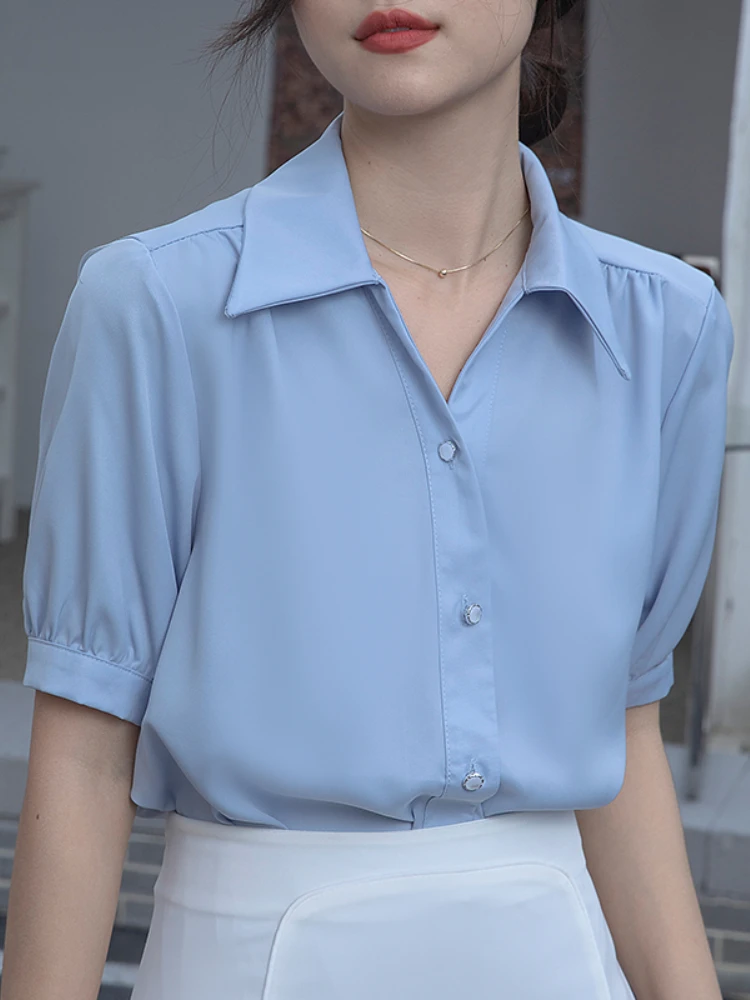 

Fashion Woman Blouse V-neck Short Puff Sleeve Top Pretty and Cheap Women's Blouses 2022 Summer Chiffon Shirts OL Female Clothing