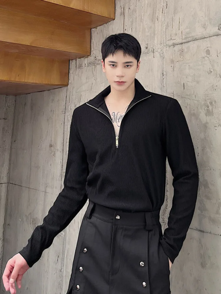 

SYUHGFA Men Clothing Long Sleeve Half Zipper T-shirt 2022 Autumn Turleneck Solid Color Striped T-shirts Tee Tops For Male