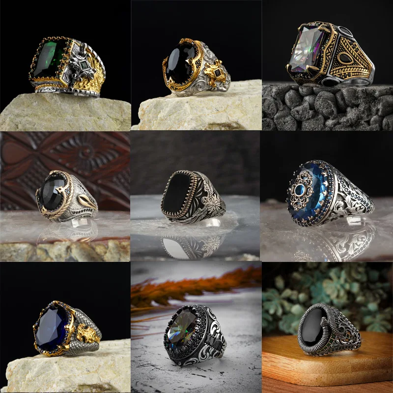 

European and American Open Adjustable Men's Ring Copper Material Inlaid Amber Gemstone High Jewelry Fashion Luxury Business