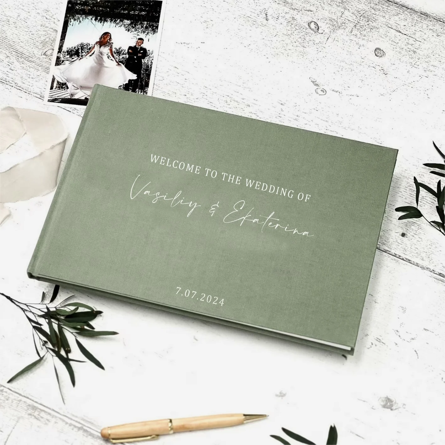

Персонализированная свадебная гостевая книга, зеленая льняная