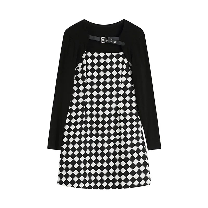 

Women's Korean Plaid Suspender Dress 2022 Vintage Long Sleeve Shawl Sweet Elegant Midi Fashion Party Dresses Sexy Slim Suit