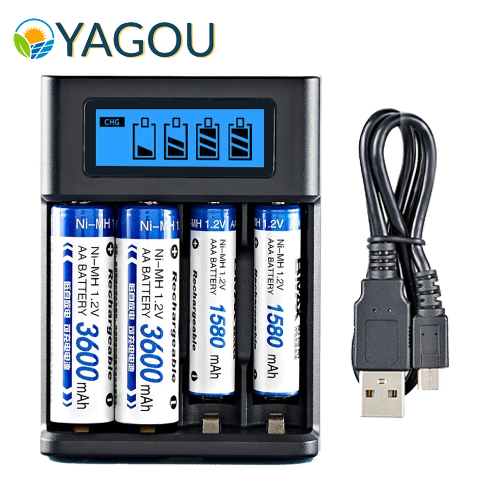 

YAGOU LCD Battery Charger Black LCD Display Indicator USB 5V 2A Fast Charge 4 Slots Charger for 1.2V AA AAA Rechargeable Battery