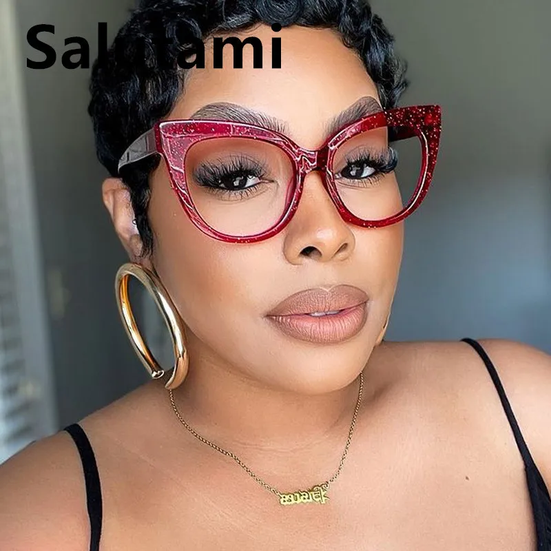 

Glitter Powder Anti-blue Light Cat Eye Eyeglasses For Women Vintage Oversize Shiny Computer Glasses Frame Female Pink Red Shades