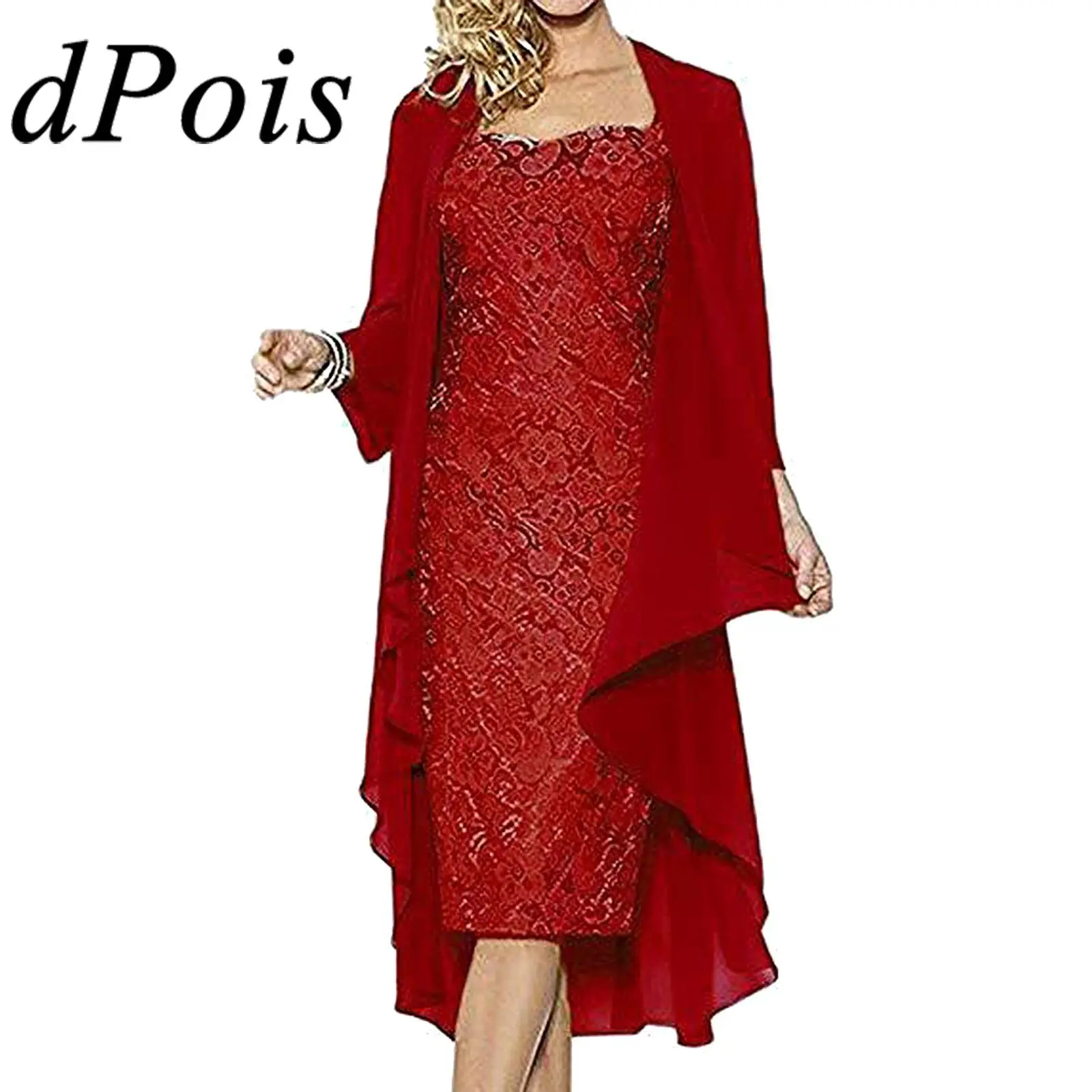 

Dress Sets Womens Lady Elegant 2-Piece Outfits Floral Lace Sleeveless Bodycon Dress And 3/4 Draped Chiffon Long Cardigan Suit