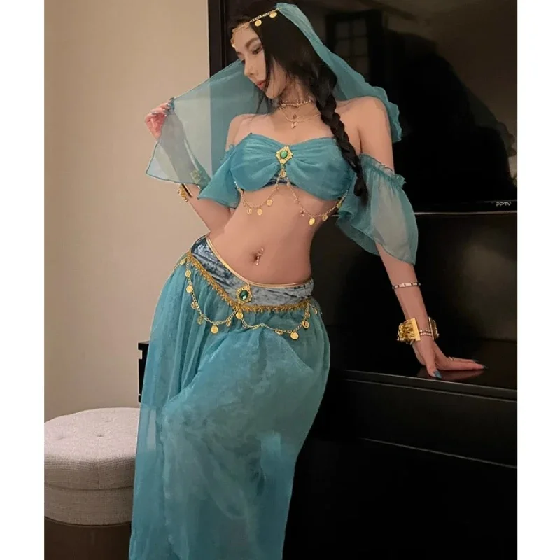 Фото Косплей Хэллоуин Фестиваль Арабский Косплей Костюм Принцессы Жасмин BellyDance Индийская Болливудная Вуаль Топ Брюки Египетская Королева №5