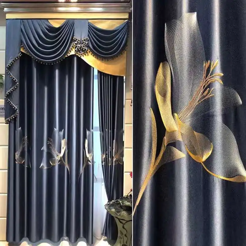 

Modern Luxury Blackout Embroidery Curtains for Living Dining Room Bedroom blue window screen tulle High-end Elegant Noble Simple