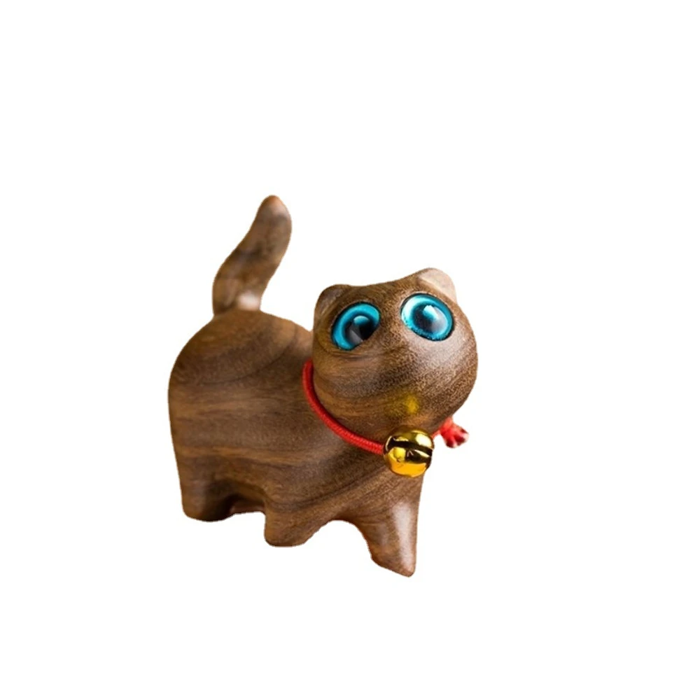

Big Eyes Hand Carving Sculpture Craft Cute Sandalwood Desktop Woodcarving Wooden Cat Miniature Figurines Table Decoration