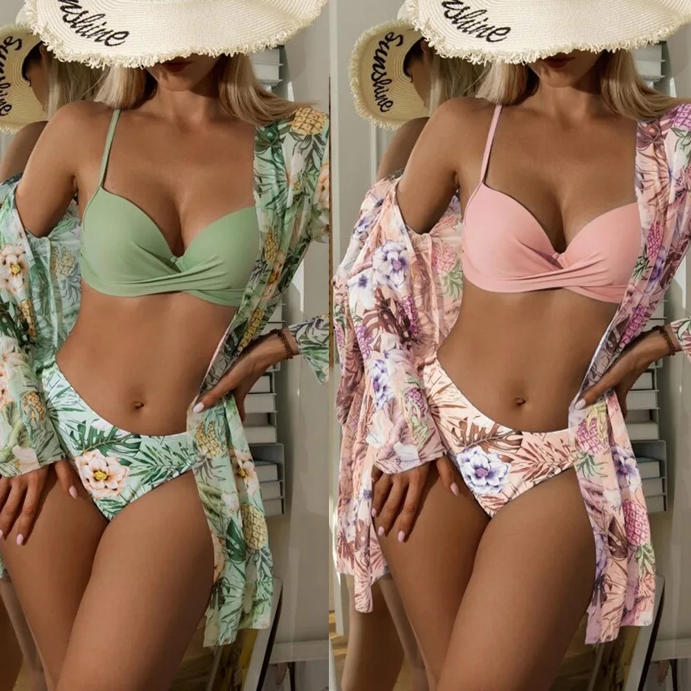 

2022 New Three Pieces Bikinis Set Cover Up Women Floral Print Push Up Swimsuit Long Sleeve Twist Swimwear Biquini Bathing Suit