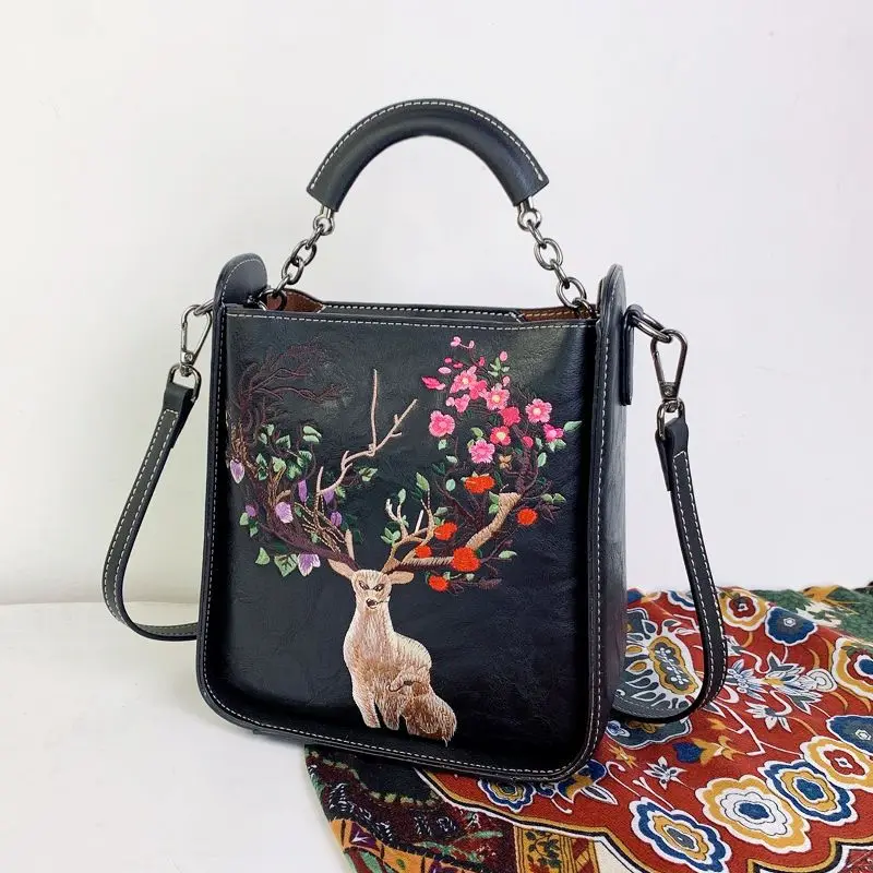 

National Style Women Floral Handbags Genuine Leather Embroidery Tote Shoulder Bags Vintage Ladies Crossbody Bag