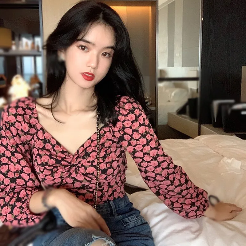 

Women Floral Print Slash Neck Sexy Sweet Exposed Navel Long Sleeves Chiffon Shirts Tops Croptop Crop Top