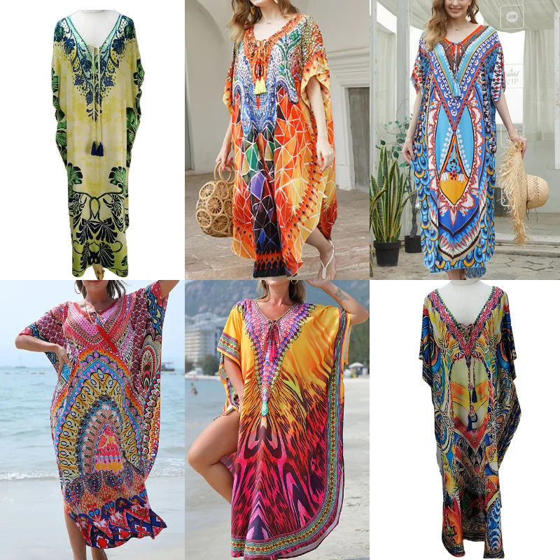 

2022 Summer Bohemian Dress Loose Beachwear Women Print Swimsuit Cover Up Robe De Plage Cover-ups Beach Dress