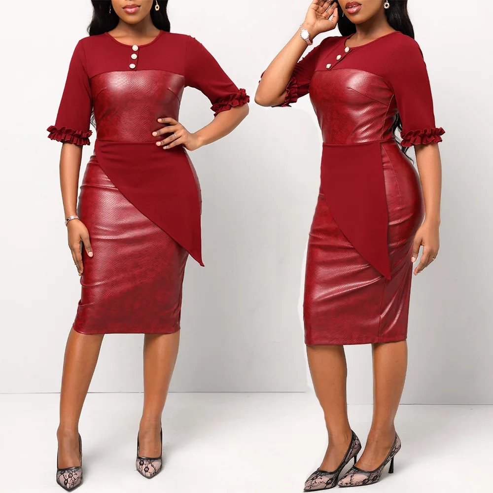 

African Autumn Winter Women Fashion PU Leather Splicing Bodycon Dress Casual Long Sleeve O Neck High Waist Corset Dress