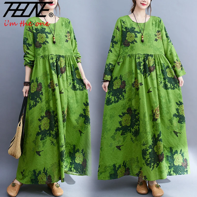 

Женское длинное платье из хлопка и льна, свободное винтажное платье с длинным рукавом и цветочным принтом в богемном стиле, Осень-зима 2023