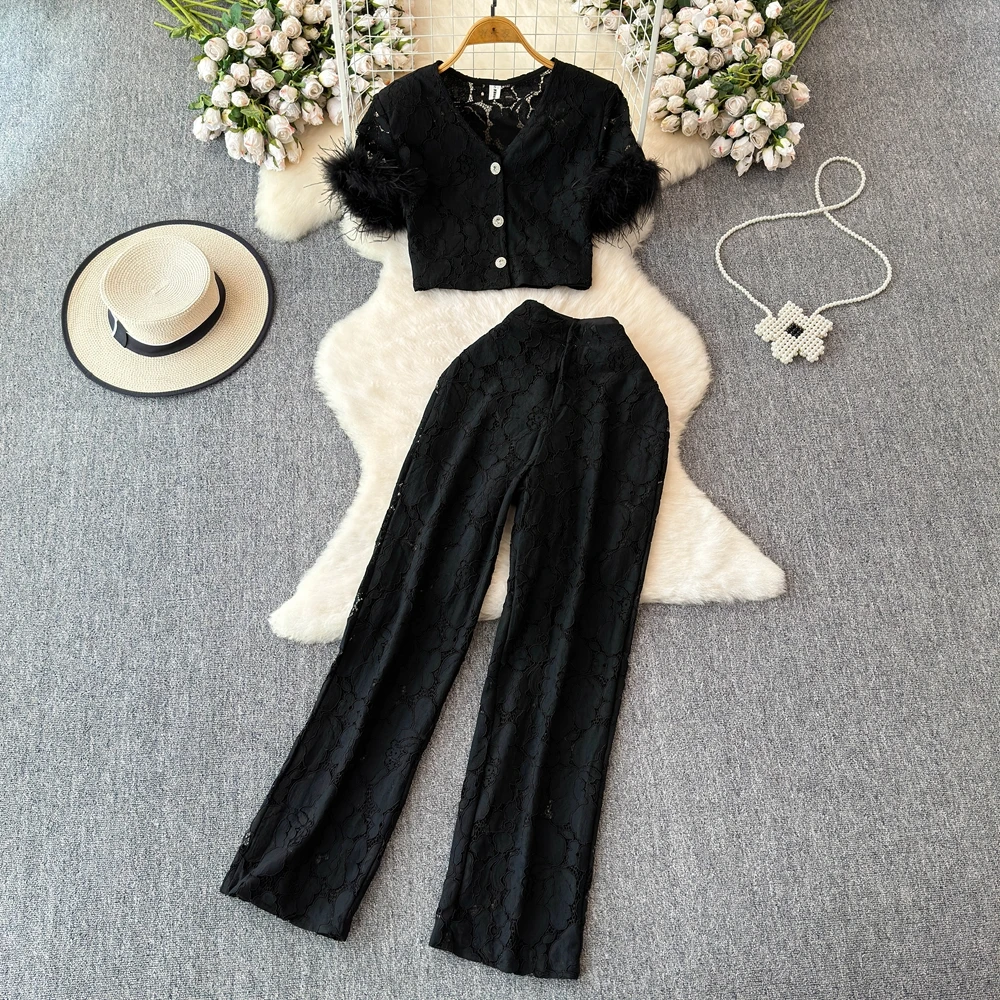 Женский летний комплект из 2 предметов топ с V-образным вырезом и рукавами-перьями