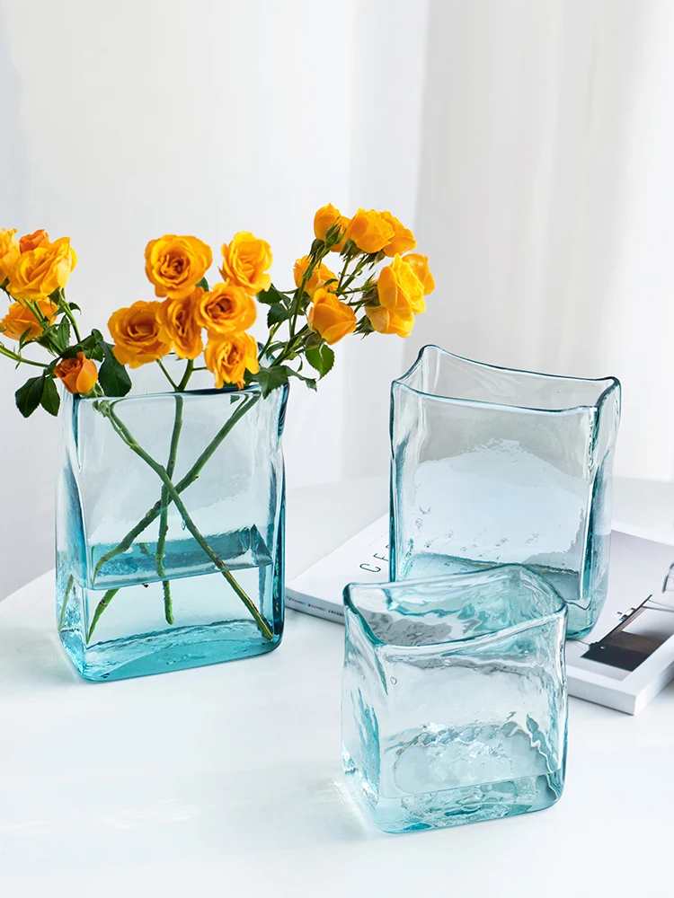 Квадратная гидропонная ваза для цветов синее стекло украшение рабочего стола