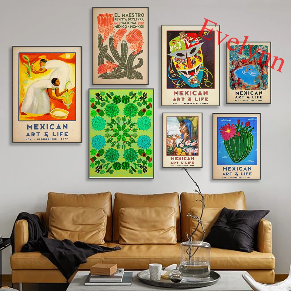 

Mexican Exhibition Floral Plant Cactus Pop Vintage Canvas Posters Wall Art Picture Modern Home Living Room Prints Painting Gift