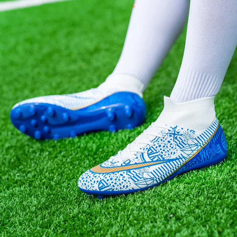 Soccer Shoes For Men Blue High Ankle Outdoors Training Football Boots TF/FG Non-slip Indoor Cleats Kids Turf Football Sneaker