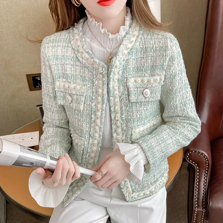 

Женская твидовая куртка с круглым вырезом, маленькая шерстяная куртка с длинным рукавом и бусинами, Офисная винтажная верхняя одежда, осень...