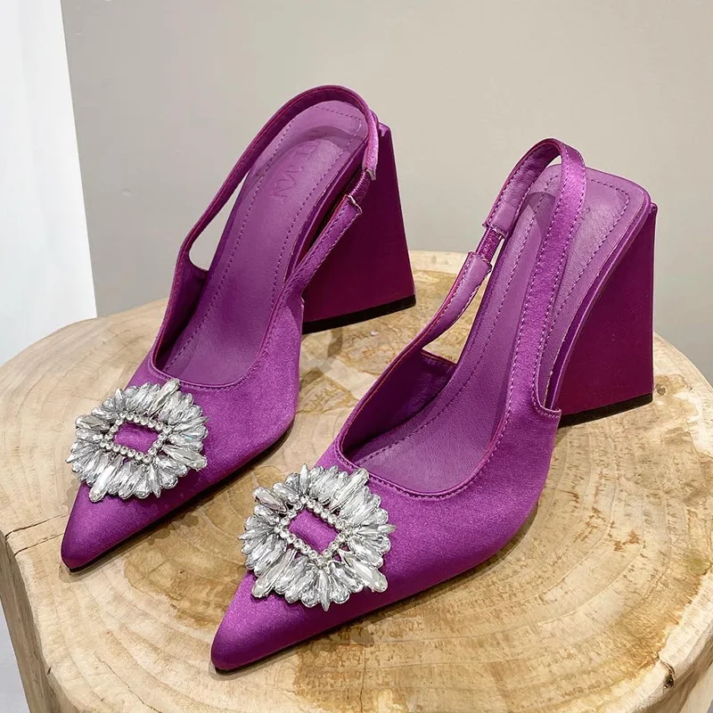 

Luxury Brand Women Pumps Crystal Slingback High Heels Bride Wedding Shoes Summer Pointed Triangle Thick Heels Sandals Lady Shoes