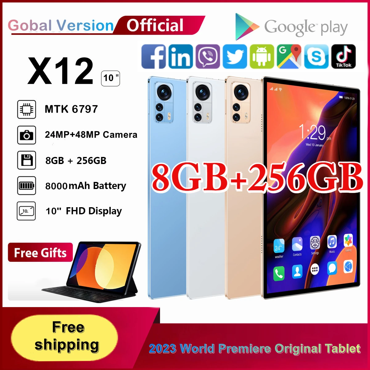 

Hot Sale 2023 Global Firmware x12 Tablet Android 12 MTK6797 Tablet 10Inch 120Hz WQHD+display 8GB 256GB 8000mAh Battery 5G Tabtop