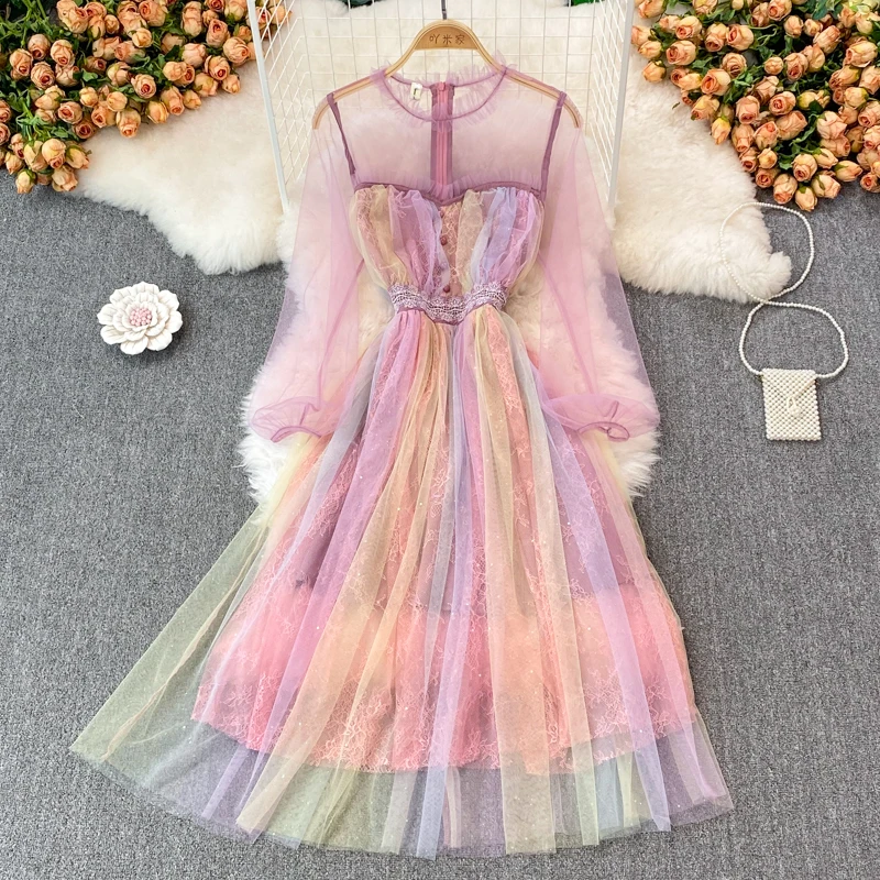 

ZCWXM Party Dress Women Elegant Gentle Super Fairy High Waist Gradient Rainbow Color Dresses Lolita Mesh Temperament Femme Robe
