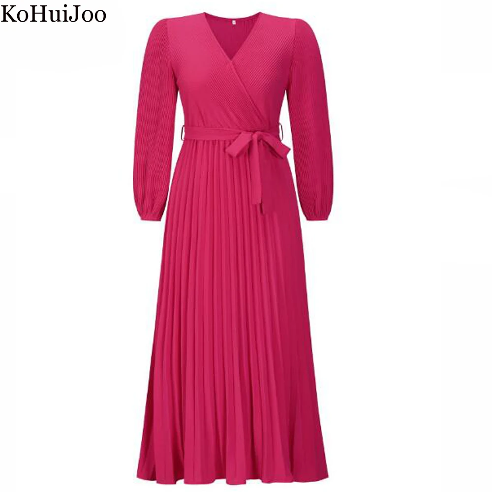 

KoHuiJoo Vintage Pleated Dress for Elegant Women V-Neck Slim Long Sleeve A Line Dress With Belt Fashion Autumn Woman Dress Maxi