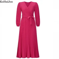 kohuijoo vintage pleated dress for elegant women v neck slim long sleeve a line dress with belt fashion autumn woman dress maxi