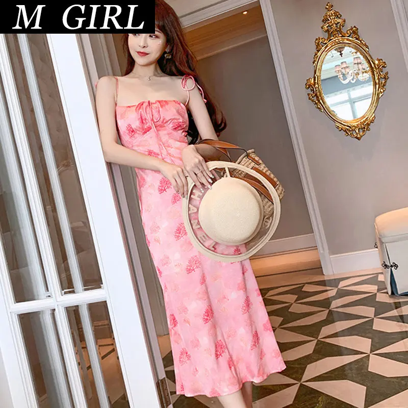 

M GIRLS Korean Vintage Sexy Strap Sleeveless Maxi Party Dress Ladies Elegant Robe Backless Floral Satin Beach Vacation Dress