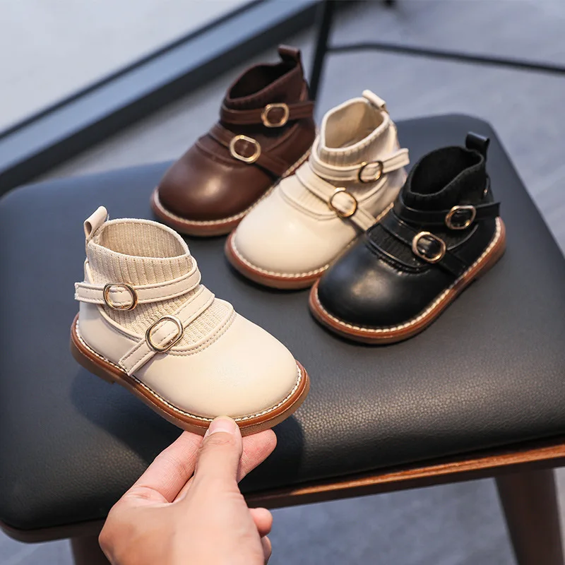 Autumn/Winter Small Leather Shoes for Girls Baby Walking Shoes 1-3 Years Old Princess Ankle Boots Soft Soled Boots