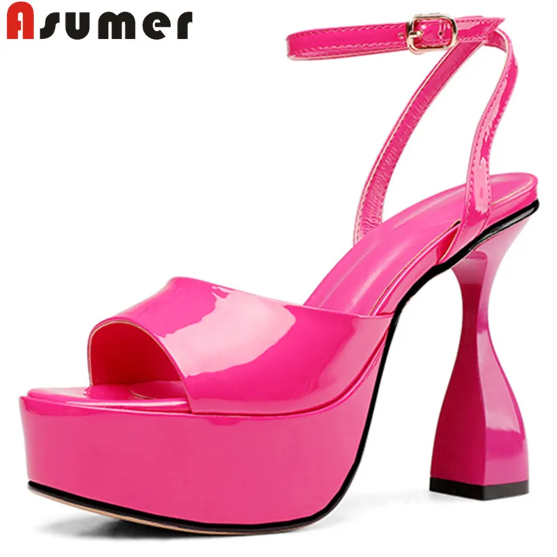 

ASUMER 2022 New Unique Patent Leather Platform Sandals Women Strange Style Heels Shoes Ladies Summer Dress Shoes