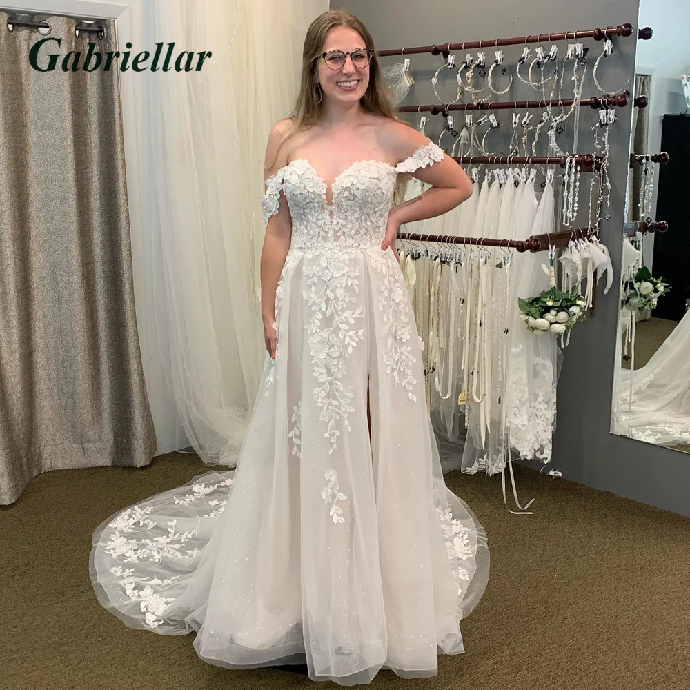 

Gabriellar Exquisite Wedding Dress Off The Shoulder Slit Appliques Glitter Tulle Sweetheart Backless A-line Vestido De Novia