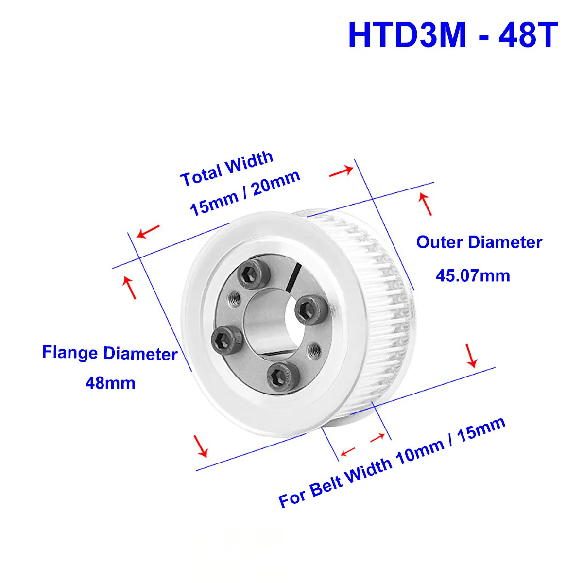 

HTD3M 48T Synchronous Timing Pulley 5/6/6.35/8/9/10~20mm Bore Keyless 48 Teeth Transmission Belt Pulley For Width 10mm 15mm Belt