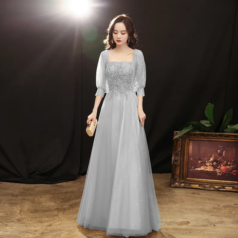 Grey evening dress new spring banquet temperament celebrity small presenter slim evening dress