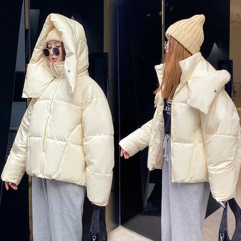 2022 Winter New Korean Style Fluffy Hooded Bread Down Jacket Women Thick Loose Hooded Short Jacket Winter Coat Clothes