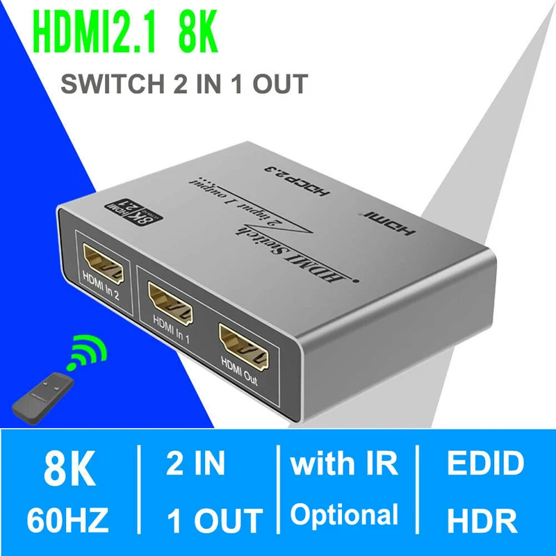 

HDMI-переключатель 8K 60 Гц, 4K 120 Гц, 2x1, выход 2 в 1 для PS4, PS5, ноутбука, стандарт 4K, двунаправленный переключатель, разветвитель 1x2 HDMI
