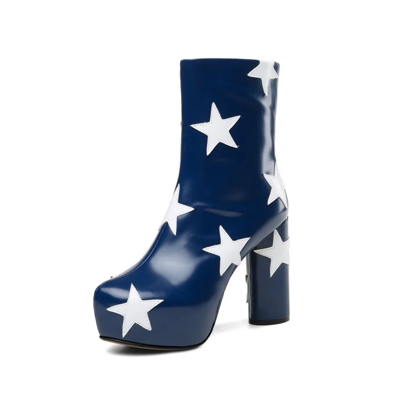 

Top Leather Star Printed Ankle Boots High Platform Chunky Heels Motorcycle Women Short Riding Boot Blue Black Drop Shipping