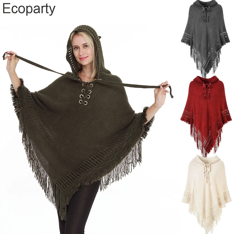 

Women Autumn Winter Knitted Hooded Cape Solid Color Bat Sleev Crochet Fringed Tassel Shawl Wrap Oversized Pullover Cloak Sweater