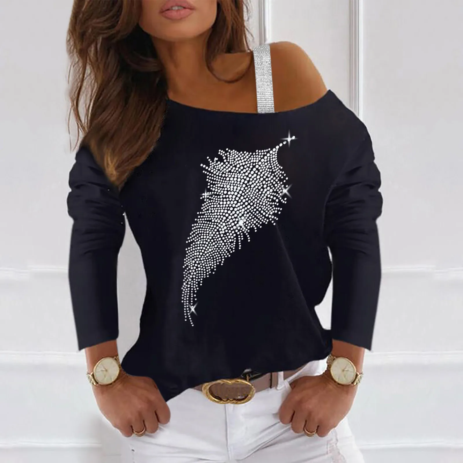 

Женские Элегантные блузки и рубашки, футболки с длинным рукавом, женская модная футболка в стиле Харадзюку, пуловеры с открытыми плечами и блестками в стиле ретро